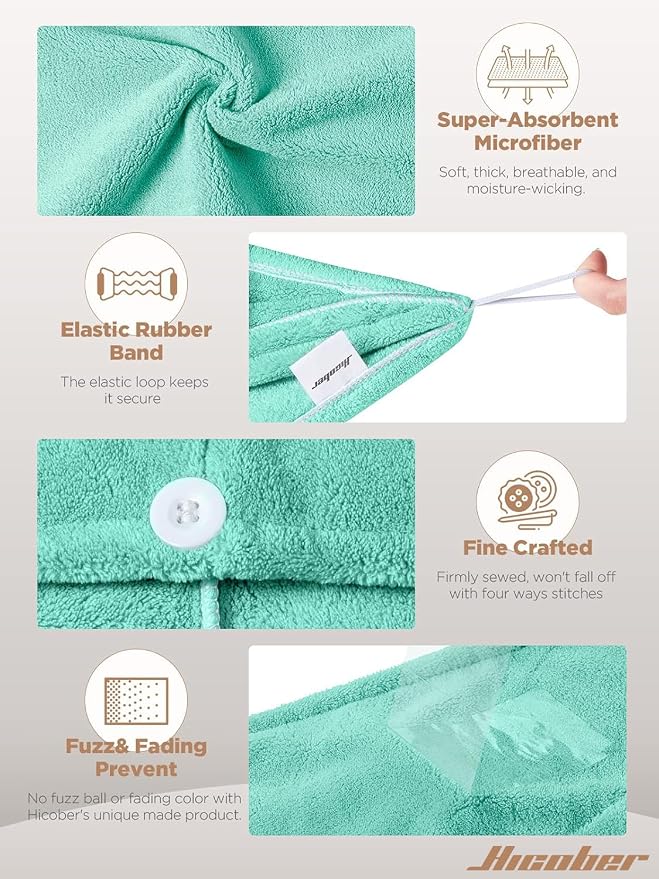 Hicober Microfiber Hair Towel, Hair Turbans for Wet Hair, Drying Hair Wrap Towels for Curly Hair Women Anti Frizz, 3 Packs (Green,Purple,Grey)