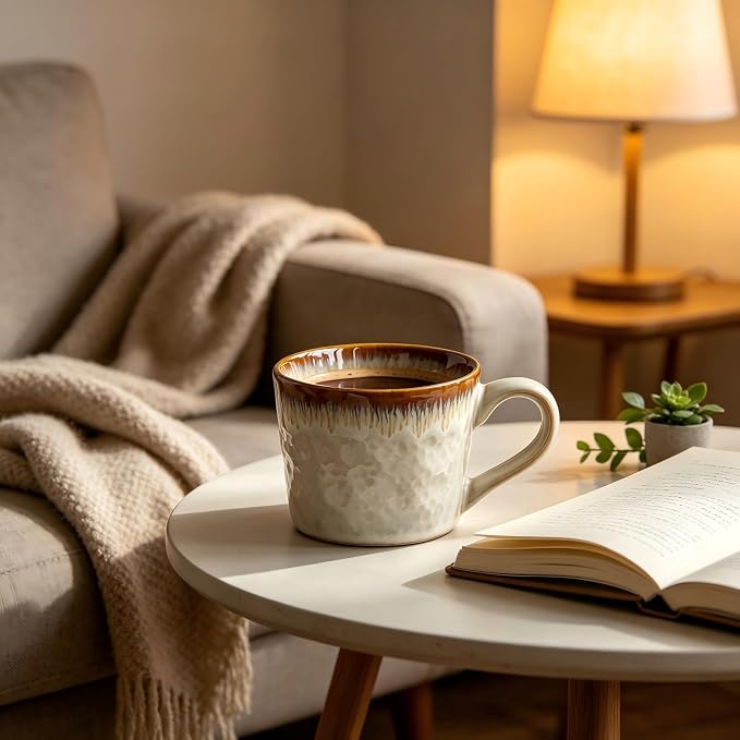 Handmade Kiln Drip Glaze Ceramic Coffee Mug 14oz, Vintage Hammered Wavy Textured Latte Cup, Microwave Dishwasher Freezer Safe Large Handle Tea Mug, for Home Office, Ideal Couple Housewarming Gift