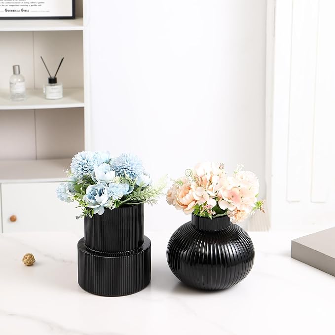 Ribbed Glass Vases, Set of 2 Flower Vases, Black Vase for Tulips, Modern Vase for Living Room, Kitchen, Office, Entryway, Mantle, Bookshelf, Wedding Gifts, Birthday