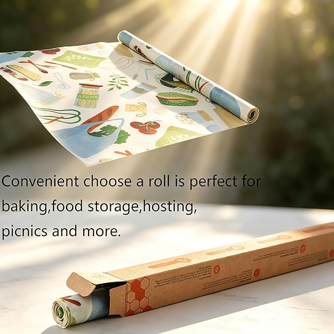 Reusable Beeswax Food Wraps, 12 x 40 Inch Organic Cotton Beeswax Wraps, Plastic-Free Eco Friendly Food Storage Sheets for Kitchen, Bread, Cheese, Fruits and Sandwiches
