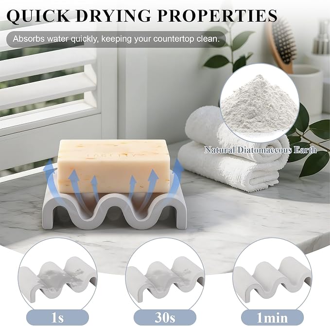 Diatomite Soap Dish Quick Drying Bar Soap Holder Draining Soap Saver Rack Wave Pattern Sponge Tray for Bathroom Sink, Shower, Kitchen, Light Grey