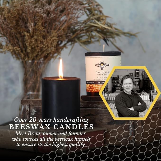 Big Dipper Wax Works Black Pillar Candle, 40-Hour Long Burn, Pure Beeswax Candle, 2" x 4.75”