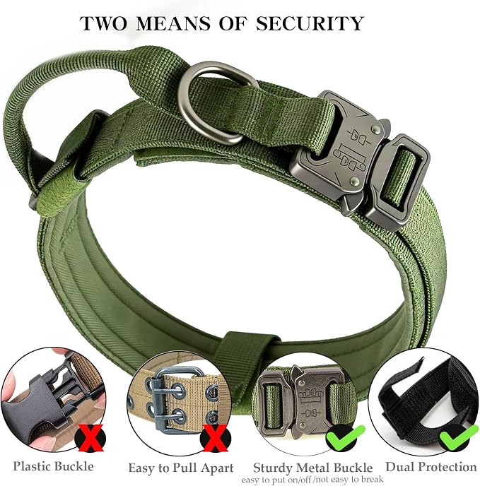 Tactical Dog Collar Adjustable Military Nylon Dog Collar with Control Handle and Heavy Duty Metal Buckle for Medium and Large Dogs (Green,L)