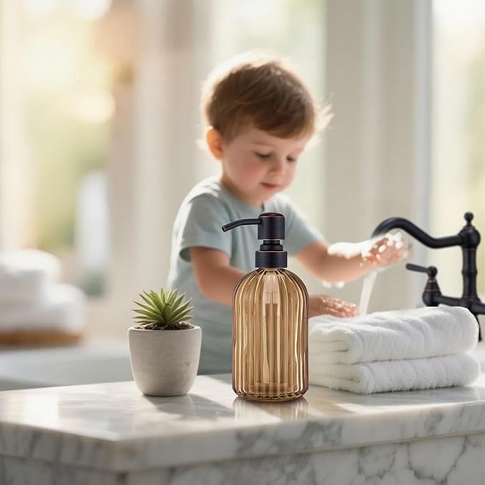 16 OZ Amber Glass Soap Dispenser, Amber Stripe Bathroom Hand Soap Dispensers with Stainless Steel Bronze Pump,Brown Glass Kitchen Hand Soap Dispenser with Oil Rubbed Bronze Pump