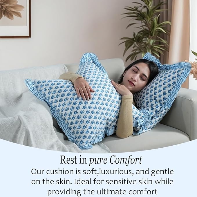 CPC Block Print Ruffle Throw Cover Apatite Blue 24"x24" Inch Pack of 2-100% Cotton Ruffle Couch Decorative Boho Pillows Case for Living Room, Bedroom, Sofa, Farmhouse Gift for Spring, Mother's Day