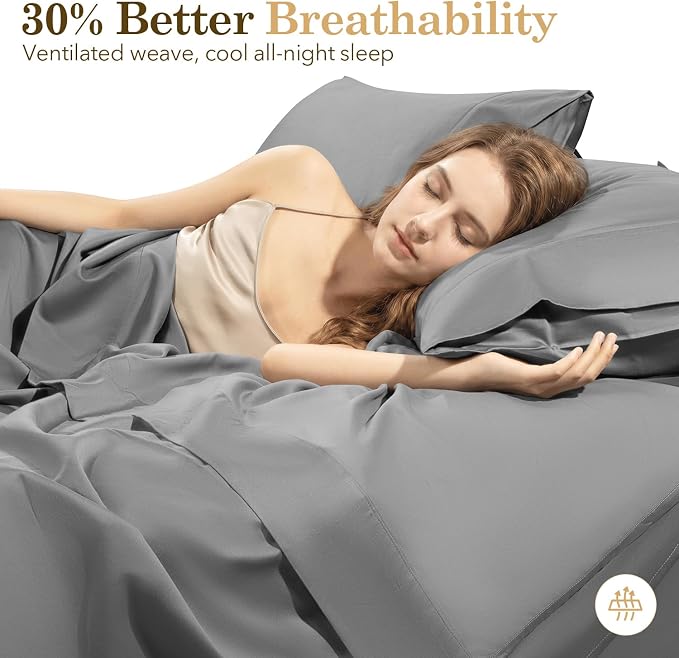 SONORO KATE 100% Organic Cotton Sheets Set - 600 Thread Count, GOTS Certified Cotton Bed Sheets, Soft, Breathable & Silky Sateen Weave Sheets, 16" Deep Pockets - 4 PC (Grey,Queen)