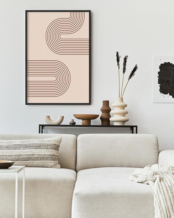 Abstract Double Wavy Arch Wall Art Minimalist S-Shape Lines Earth Tones Terracotta Brown 24x36 Inch Oak Wood Black Framed Boho Geometric Print for Modern Living Room Decor