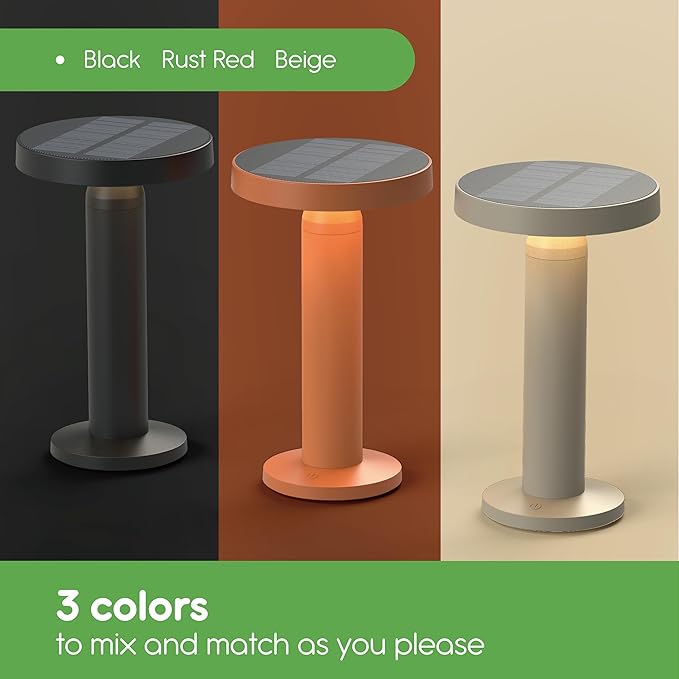 Round Solar Table Lamp – Portable LED Light with USB-C Charging & Solar Panel – Waterproof, Stepless Dimming for Outdoor/Indoor Use – Sand, 1 Pack