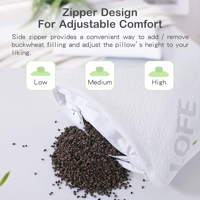 LOFE® Organic Buckwheat Pillow for Sleeping -14''x20'', Adjustable Loft, Breathable for Cool Sleep, Cervical Support for Back and Side Sleepers(Tartary Buckwheat Hulls, A Removable Pillowcase)