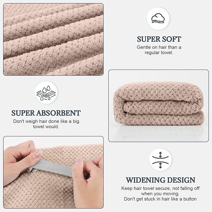 2 Pack Microfiber Hair Towel - 41 x 24 inches Super Soft, Absorbent, Fast Drying Without Frizz Hair Towel Wrap for Women Long, Thick, Curly Hair - Hair Turbans with Elastic Strap
