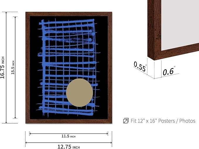 Monem Art Blue Grid Abstract Geometric Print - Modern Minimalist Art Poster - Wall Decor for Living Room, Bedroom or Office - 12x16 Brown Framed Wall Art by Mareike Bohmer