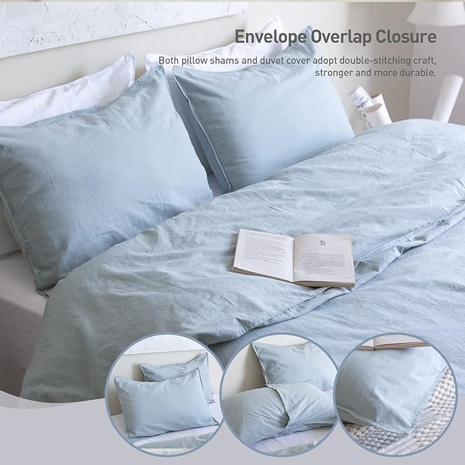 BISELINA French Linen Duvet Cover Set 2pcs with Hidden Zipper Closure Natural Flax Cotton Blend Solid Color Soft Breathable Luxury Farmhouse Bedding - Twin Size, Dusty Blue