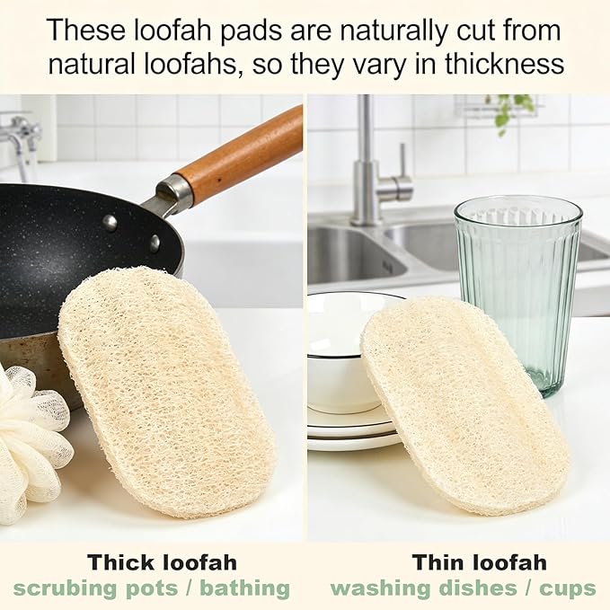 WOCATS 6 Pack Natural Loofah Sponges for Dishes & Bath - Biodegradable, Eco-Friendly Kitchen Scrubber & Body Exfoliator, Non-Scratch, Durable, Reusable