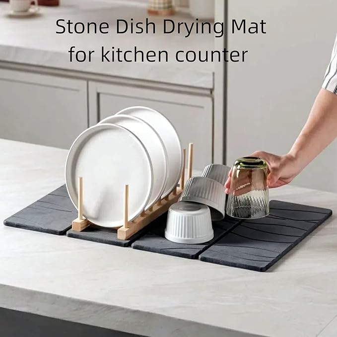 Large Stone Dish Drying Mat for Kitchen Counter, 24"×16" Quick Dry Super Absorbent Diatomate Earth Stone Mat Foldable, Kitchen Stone Mat Non-slip, Heat Resistant, Multi-purpose Mat Grey