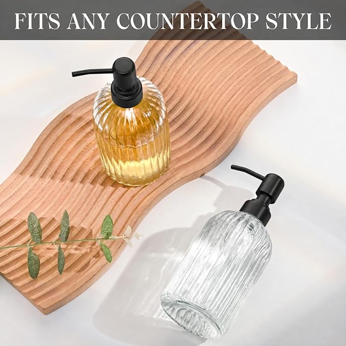 2 Pack Clear Glass Hand Soap Dispenser Set 18oz Bottle with Matte Black 304 Rustproof Stainless Steel Pump for Kitchen and Bathroom