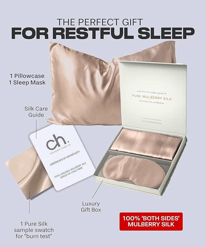 Colorado Home Co Silk Pillowcase for Hair and Skin - Nude Champagne Queen Size 100% Silk Pillow Covers - 20x30 - Pillow Case for Acne with Eye Mask for Sleeping