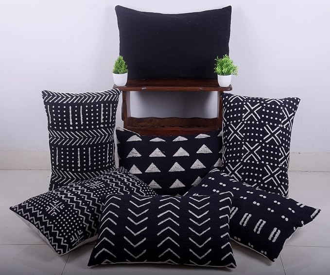 Trade Star Handloomed Throw Pillow Cover 100% Cotton Mudcloth Pillow Cover Tribal Print Boho Accent Bedroom Decoration Cushion Cover Handmade Indian Pillow Case Long Lumbar Cushion Case