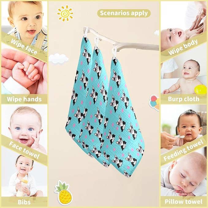 Baby Funny French Bulldog Muslin Washcloths 3 Pack - Muslin Burp Cloths Hanky Large 11.8"X11.8" Extra Soft Absorbent Baby Burp Rags for Newborn 100% Cotton for Boys Girls Gift
