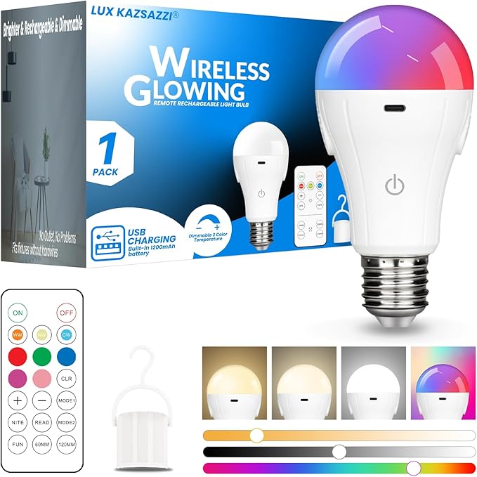 RGB WirelessGlow Rechargeable Light Bulbs with Remote, 8 Color & Dimmable Battery Operated Light Bulb with Memory Mode, 2 Timer, Cordless E26 Bulb for Wall Sconce, Nursery, Power Outage, Closet,1PK
