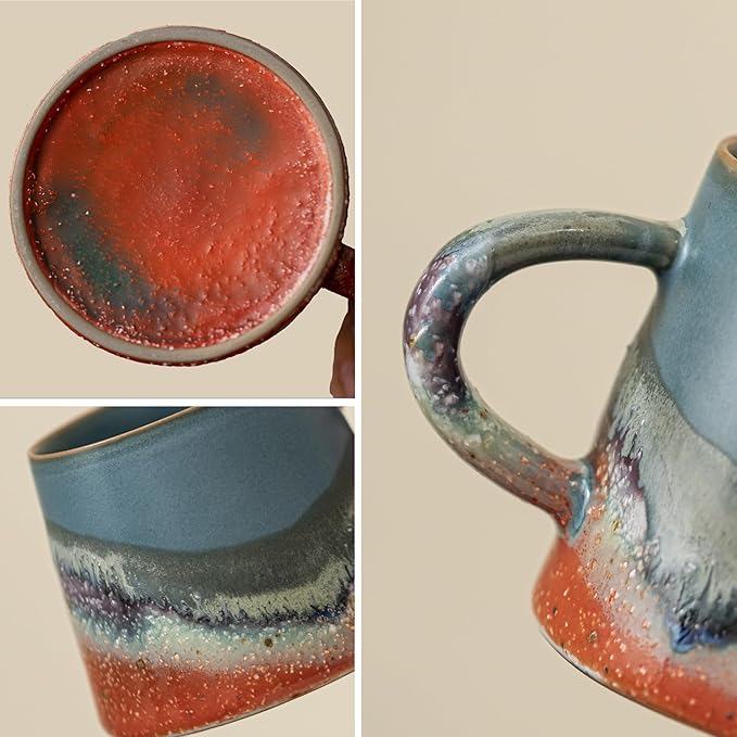 Vintage Coffee Mugs, 8 OZ Handmade Ceramic Coffee Mug with Handle, Pottery Coffee Cup for Morning Coffee, Tea & Latte, Lead-Free, Non-Toxic, Dishwasher & Microwave Safe for Home & Office.(Blue)