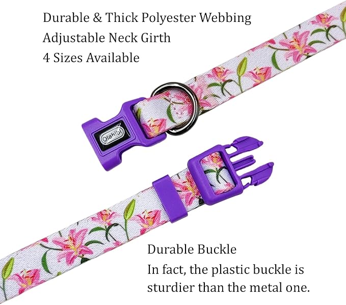 Dog Collar Leash Set, Floral Pattern, Polyester Material, Adjustable Collar and 5ft Matchcing Leash, for Medium Dogs.(M, Purple Lily)
