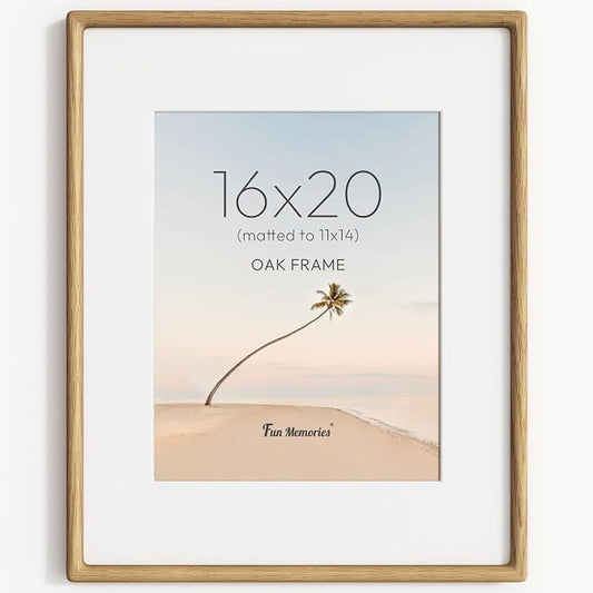 16x20 Picture Frame, USA-Sourced Oak Wood Frame Wall Mounted, 16x20 Poster Frame with Real Glass, 16 x 20 Picture Frame Matted to 11x14 Photo for Vertical & Horizontal Hanging, 1 Pack