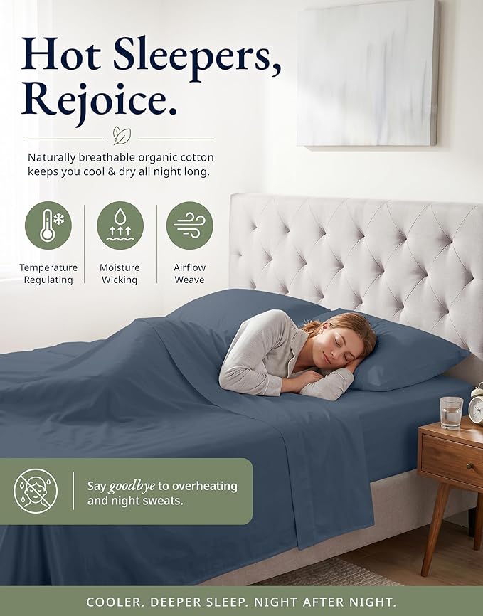 LANE LINEN Twin XL Fitted Sheet, 100% Organic Cotton 2-Piece Set (1 Fitted Sheet, 1 Pillowcase), Percale Weave, Soft, Breathable, Fits Mattress Upto 15" Deep - Estate Blue (No Flat Sheet)