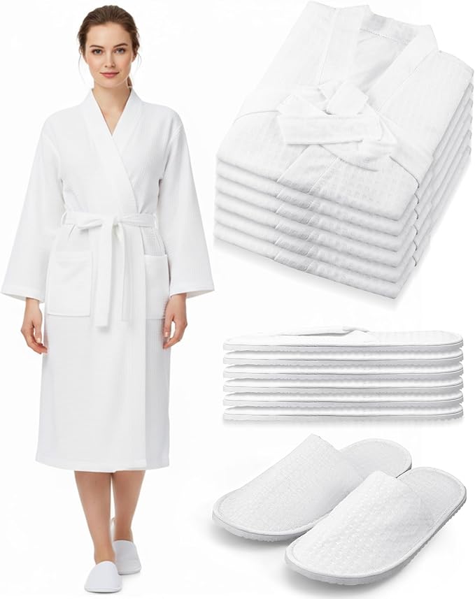 Jecery Waffle Bathrobe and Slippers Bulk Set Spa Robes Hotel Bath Lightweight Thin Commercial Soft for House Shower Party