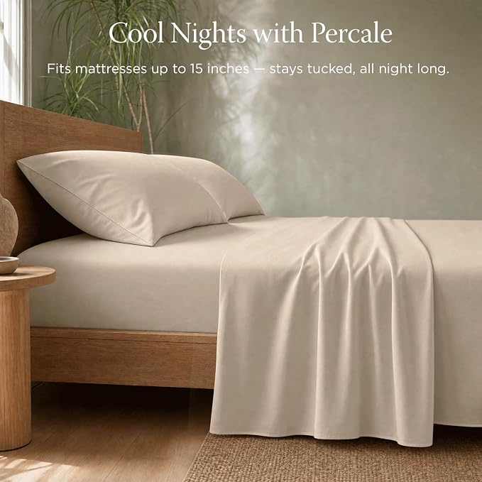 Threadmill 100% Organic Cotton Twin Sheet Set - GOTS Certified, 3 Piece, Beige - Soft and Breathable Sheets with All-Round Elastic Deep Pocket for Snug Fit, Healthy Bedding Set