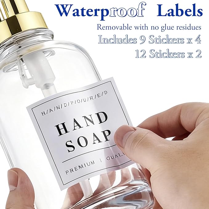 Glass Soap Dispenser with Pump,Tray,Funnel, Countertop Soap and Lotion Dispenser Set of 2 with 60 Stickers, Dish and Hand Soap Dispenser Bottle for Kitchen,Bathroom,Shower,500ml/16.9oz