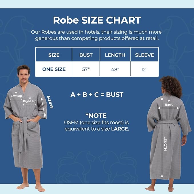 MONARCH Unisex Square Waffle Spa Kimono Robe – Soft Lightweight Fabric & Generously Sized Hotel & Spa Robe with Pockets