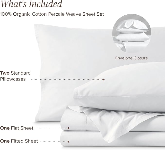 Bare Home 100% Organic Cotton Full XL Sheet Set - Crisp Percale Weave - Lightweight & Breathable - Bedding Sheets & Pillowcases (Full XL, White)