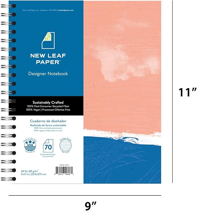 Large Spiral Bound Recycled Notebook, Beach Sunset Design, 11" x 9", 70 Sheets, Double-Wire, College Ruled, Vegan, Made in USA