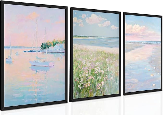 Coastal Pink Wall Art Set of 3 Maximalist Ocean & Beach Landscape Canvas Poster Trendy Sailboats Flowers Sunset Painting Pastel Picture Prints for Bedroom Home Decor 8x12inch Black Framed