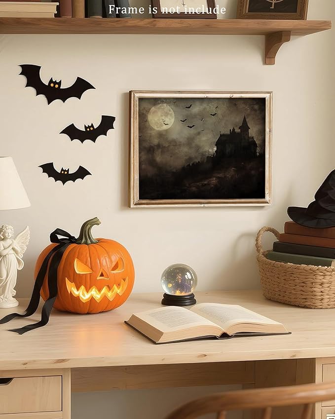 Vodefoad Vintage Haunted House Oil Painting Art Print, Spooky Gothic Halloween Picture Wall Decor, Spooky Haunted House Landscape Canvas Painting, Retro Moody Dark Academia Decor for Gallery, Living Room, Bathroom, Bedroom,Holiday Gift - 8x10Inch Unframe