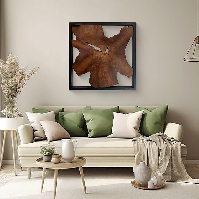 Warmaxx Rustic Teak Wood Wall Art 27.8"L x 27.8"W x 2.3" Thickness Farmhouse Framed Wall Art Aesthetic Decoration Square Home Office Dorm Handmade Freeform Pattern Natural Wall Décor Living Room Bedroom Hallway