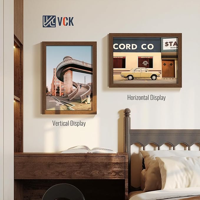 VCK 12x16 Picture Frames Brown 3 Pack, Wide Border Wood, Tempered Glass, Display 11x14 Photo with Mat or 12 x 16 without, for Home, Office, Gallery, Woodgrain Series, Wall Hanging