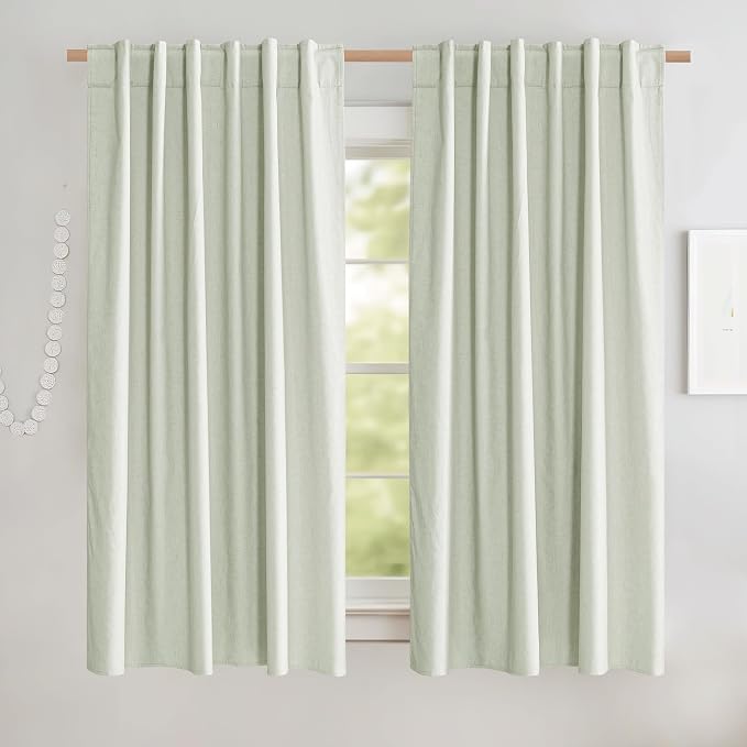 NICETOWN Light Green Blackout Kitchen Curtains 45" Length, Pair of Thermal Insulated & Energy Efficiency Drapes for Kids' Room, Linen Blend Short Curtains for Basement, W52 x L45