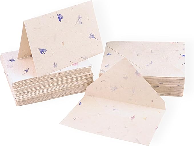 Kathmandu Valley Co. 50 Vintage 4x6 Handmade Lokta Paper Nepali Cherish Greeting Cards & Matching Decorative Flower Petal Envelopes. Folded blank cards. Handmade In Nepal. (Cornflower)