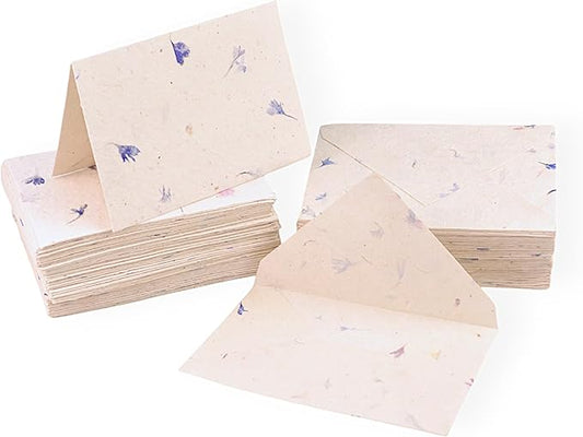 Kathmandu Valley Co. 50 Vintage 4x6 Handmade Lokta Paper Nepali Cherish Greeting Cards & Matching Decorative Flower Petal Envelopes. Folded blank cards. Handmade In Nepal. (Cornflower)