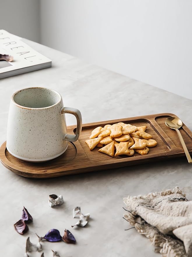 Ceramic Coffee and Tea Cup with Natural Acacia Wood Saucer (8 Oz), Best for Latte, Cappuccino, Tea or Espresso. Unglazed Porcelain Arty Mug (Warm white)