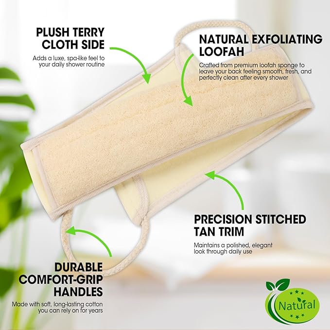 Loofah Back Scrubber with Handle, Natural Exfoliating Shower Sponge, Deep Clean Back Scrub for All Skin Types, Durable Bath Loofah for Daily Use