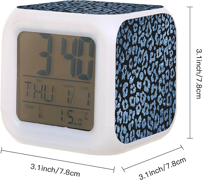 Digital Alarm Clock,Blue Leopard Glitter Print 7 Color Change LED Digital Alarm Clock with Date Thermometer for Toddlers,Girls and Boys