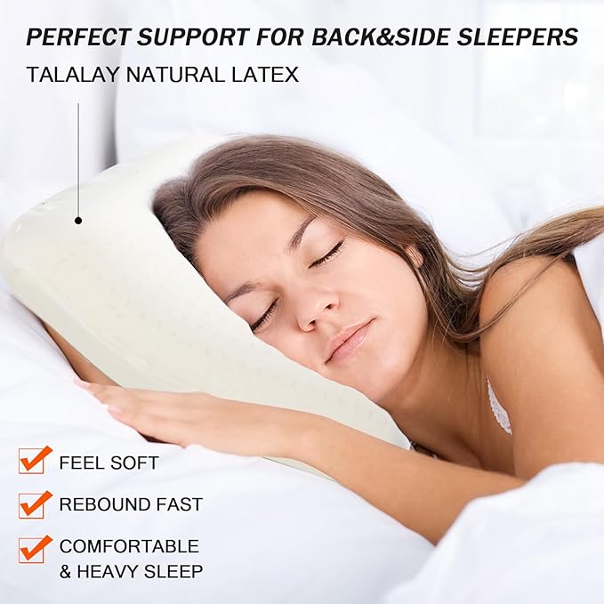 Natural Talalay Latex Pillow, Bed Pillow for Neck Pain Relief, Breathable Cooling Pillow with 100% Cotton Cover, Oeko-TEX Certified Support for Side, Back Sleepers (1, Queen (High Loft))