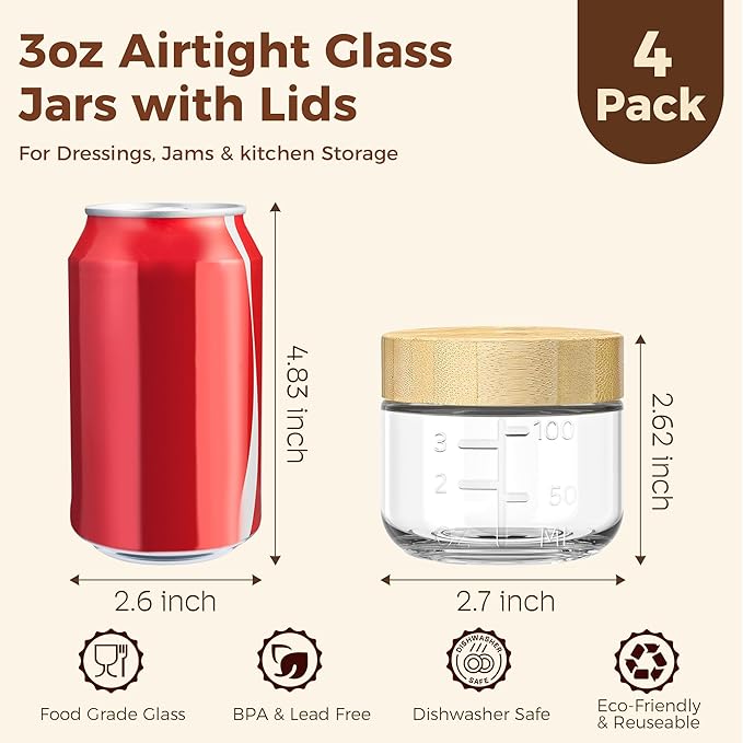HomArtist 3oz Glass Salad Dressing Containers with Bamboo Lids - 4 Pack Small Airtight Condiment Cups, Mini Sauce Jars for Picnic, Ketchup, Dip & Snacks, Leakproof, BPA-Free & Dishwasher Safe