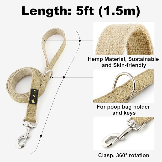 Plutus Pet Cotton Hemp Dog Collar and Leash Set, Adjustable Collar for Small, Medium, and Large Dogs, Heavy Duty and Soft on Skin, Khaki, L