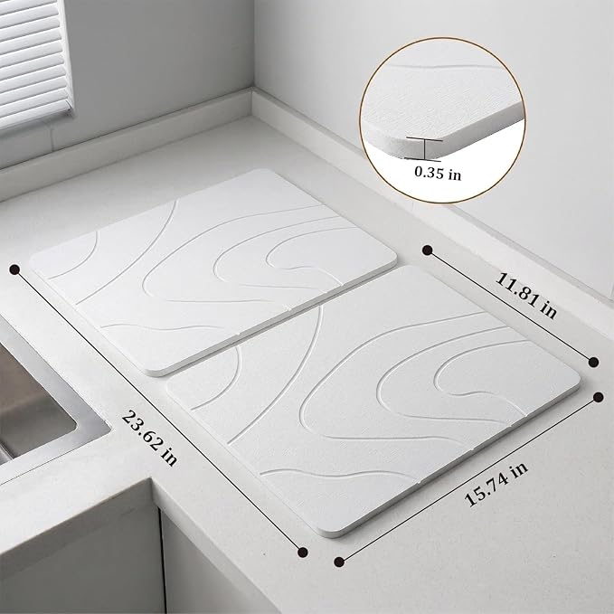 2 Pack Stone Drying Mat for Kitchen Counter,16''x12'' Quick Dish Drying Stone Mat Kitchen,Stone Dish Drying Mat,Quick-Dry Absorbent Bath & Countertop Stone Dishes Mats (White, 16''x12'')