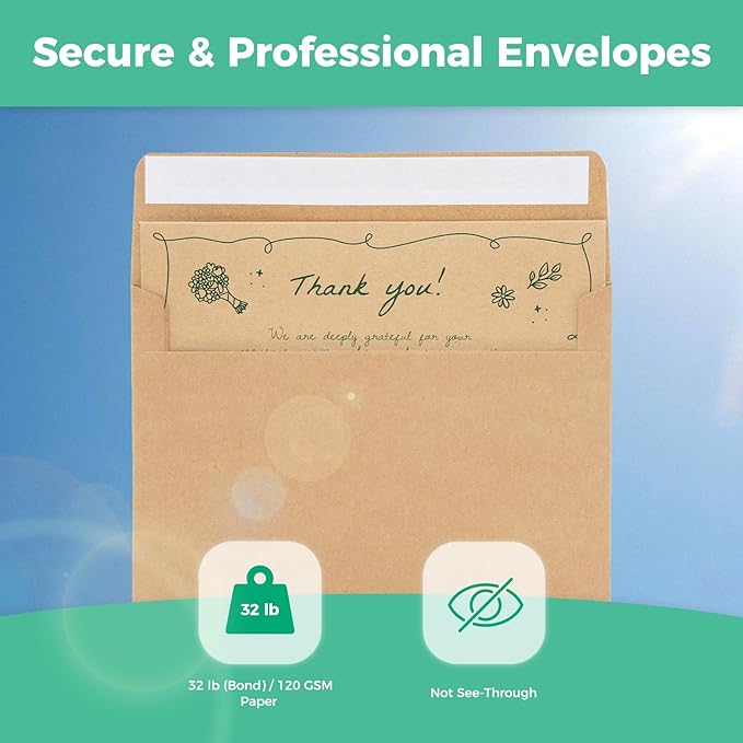 Ohuhu Blank Brown Kraft Cards and Envelopes 100 Pack - 5" x 7" Folded Cardstock Paper and A7 Envelopes for DIY Greeting Cards Wedding Birthday Invitations Baby Shower Thank You Cards and All Occasions