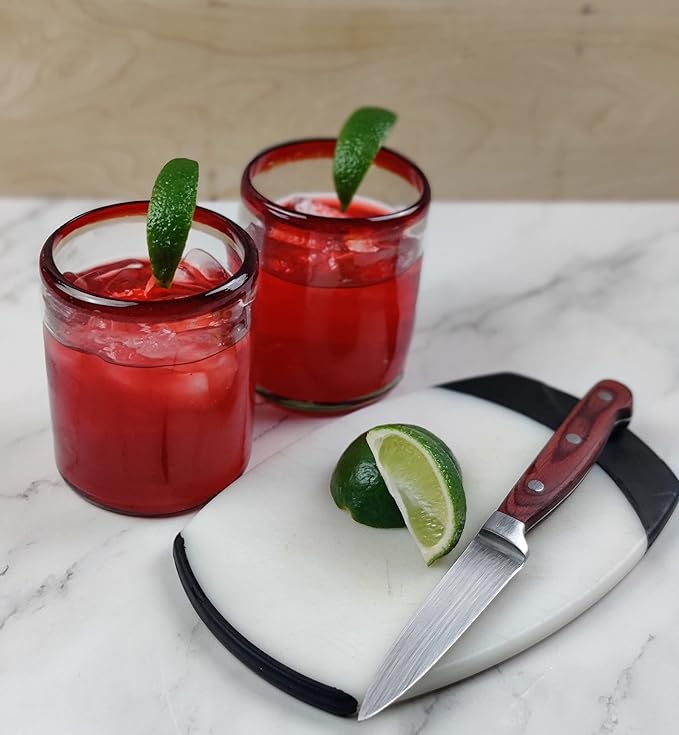 Dos Sueños Hand Blown Mexican Drinking Glasses - Set of 6 Tumbler Glasses with Red Rims (10 oz each)