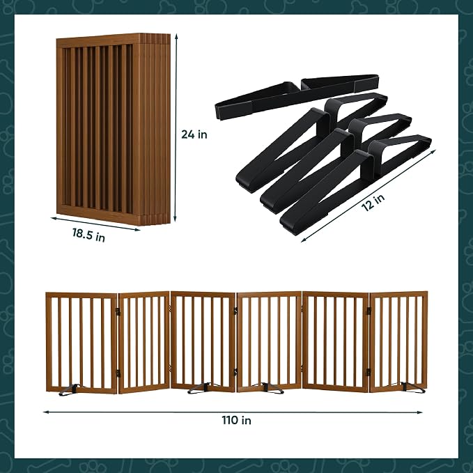 Semiocthome Walnut Dog Gates for Doorways, 6-Panel Freestanding Dog Gate Indoor for the House Stairs, 24" H Foldable Wooden Pet Gates with 4PCS Metal Stands, Expands Up to 110" (W)